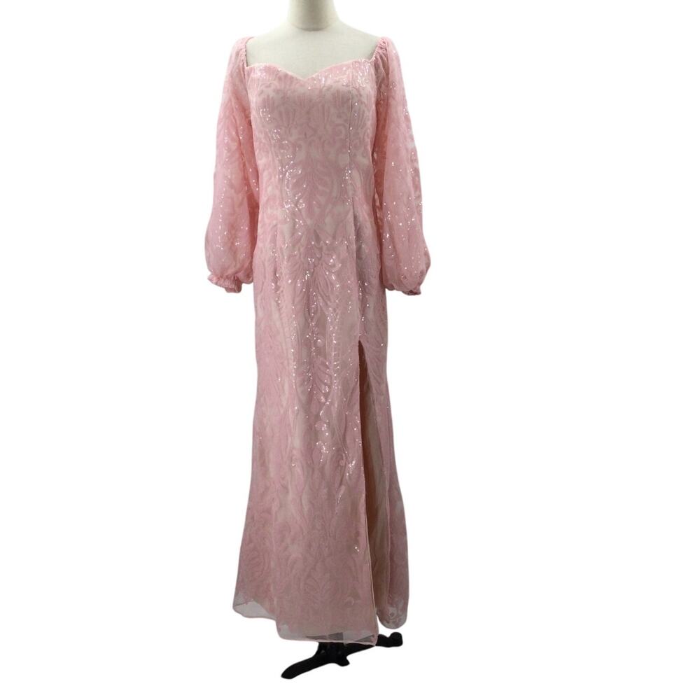Sequin-Embellished Light Pink Maxi Dress with Sheer Long Sleeves